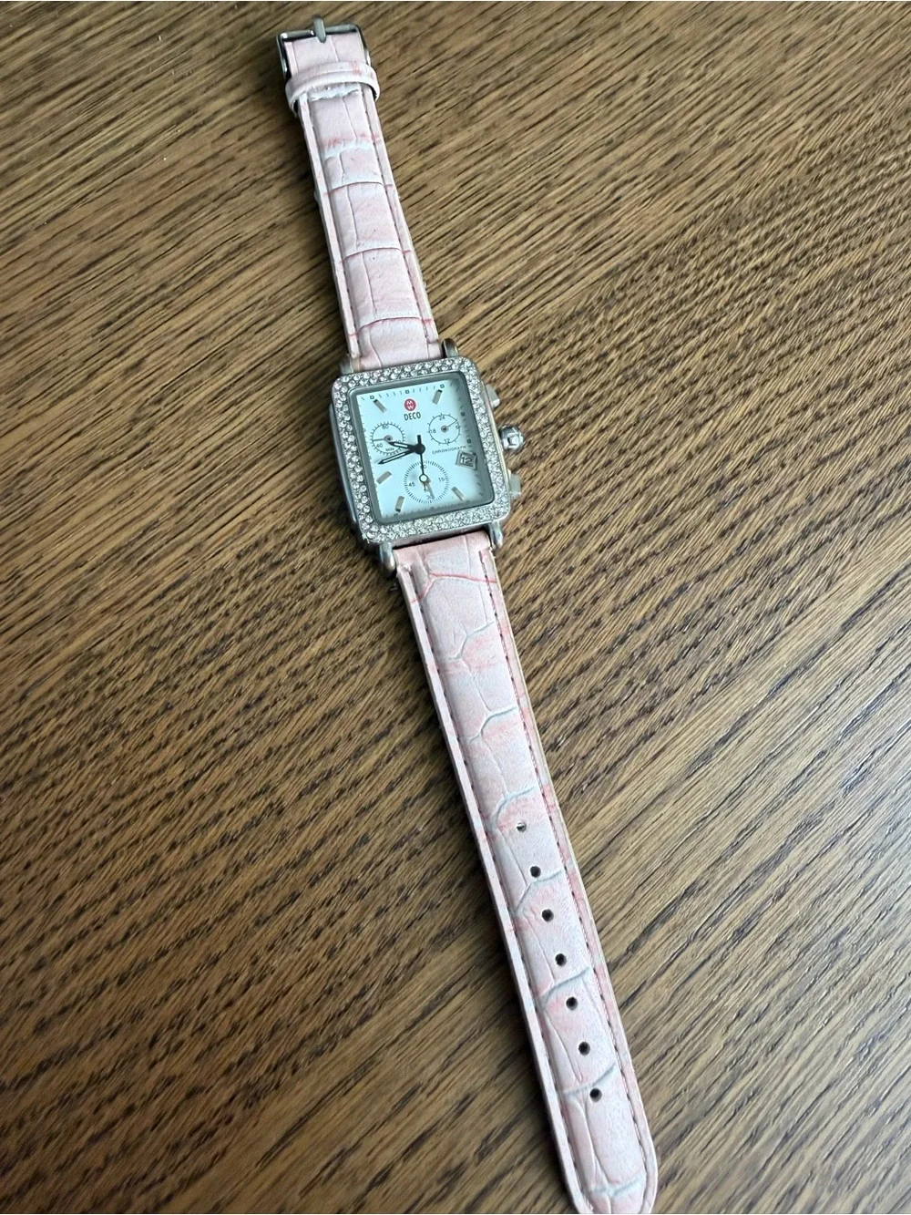 Stunning Crystal Art Deco Chronograph Watch with Pink Alligator Leather Strap